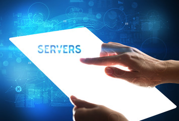 Hand holdig futuristic tablet with SERVERS inscription, new technology concept
