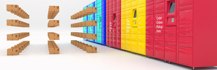 Order online service delivery pickup self-service locker, grocery, parcel delivery shipping, distribution, drop off and hub banner 3D rendering