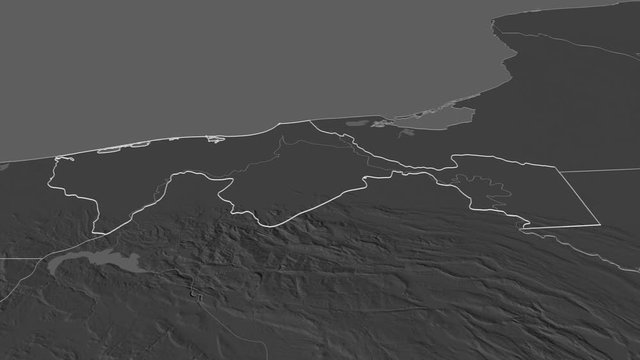 Tabasco, state with its capital, zoomed and extruded on the bilevel map of Mexico in the conformal Stereographic projection. Animation 3D