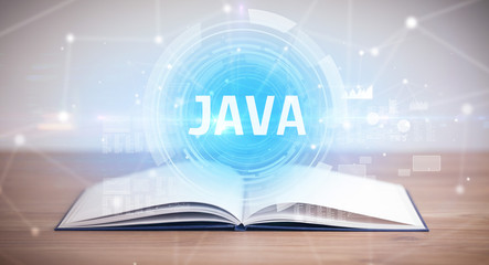 Open book with JAVA abbreviation, modern technology concept