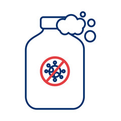 covid 19 particle with soap bottle line style icon
