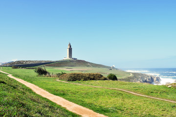 Fototapeta na wymiar Hercules Tower in La Coruña, Galicia. Spain. Europe. October 9, 2019 