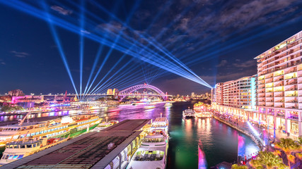 Fototapeta na wymiar Vivid Sydney - Panorama photo of Sydney Harbour