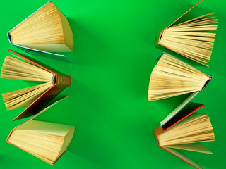 books stand on a green background, the concept of education and intellectual development, literature and reading, knowledge and art