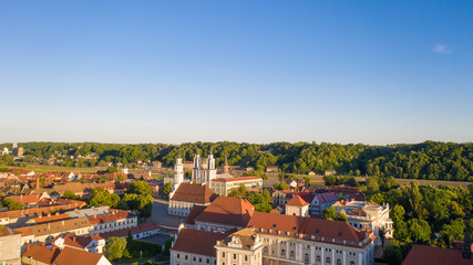 Beautiful panoramic aerial view photo from flying drone on to Kaunas Franciscan Xavier Church and Kaunas City Hall. Kaunas, Lithuania (series)