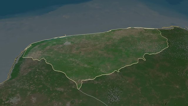 Yucatán, state with its capital, zoomed and extruded on the satellite map of Mexico in the conformal Stereographic projection. Animation 3D