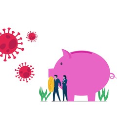 Man hold coin as a shield protect piggy bank from corona virus. Business flat vector concept illustration.