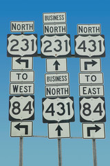 State highway signs pointing in all directions in Southeast USA