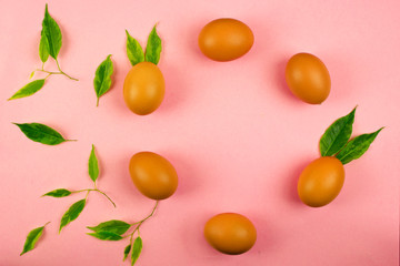 chicken eggs laid out in a circle decorated with green leaves, pink background with place for text, Easter holidays concept,organic food, organic food concept