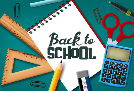 Back to school vector concept design. Back to school text in white paper with realistic school elements and education items in chalkboard background. Vector illustration.
