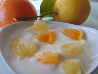 Yoghurt with citrus fruits in a bowl. Sour cream, yogurt with fresh orange and lemon, close up.