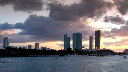 Beautiful evening view over the skyline of Miami in the evening