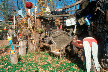 Collectibles and junk in a back yard, Highway 90, NY