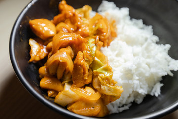 Close-up view of korean spicy chicken.