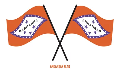 Foto op Canvas Two Crossed Waving Arkansas Flag On Isolated White Background. © Stock Ninja Studio