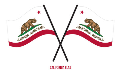 Two Crossed Waving California Flag On Isolated White Background.