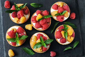 Tarte with raspberries and creamy yogurt. Healthy dessert. Keto diet. Keto dessert.