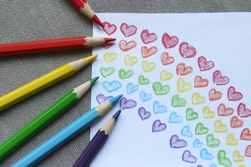 Colored pencils with crayon child's drawing of a rainbow that during Covid-19 coronavirus pandemic...