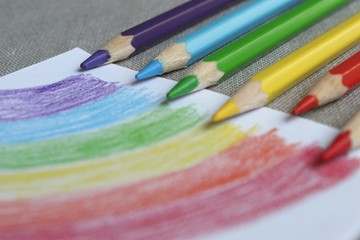 Colored pencils with crayon child's drawing of a rainbow that during Covid-19 coronavirus pandemic...