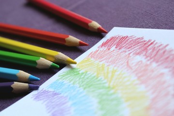 Colored pencils with crayon child's drawing of a rainbow that during Covid-19 coronavirus pandemic...