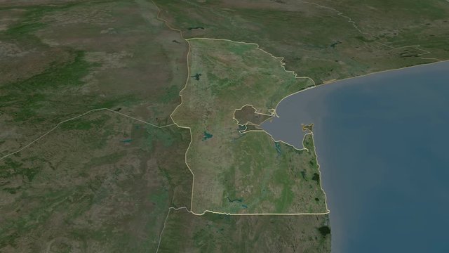 Maputo, province with its capital, zoomed and extruded on the satellite map of Mozambique in the conformal Stereographic projection. Animation 3D