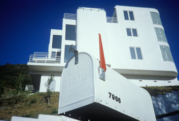 Mailbox in front of modern residence, Mulholland Drive, Los Angeles