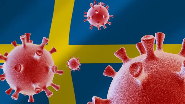 COVID-19. Coronavirus cells on the background of the flag of  Sweden