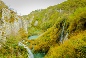 Mountain landscape with waterfalls in autumn at Plitvice lakes, Croatia