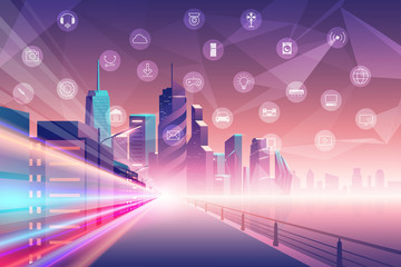 vector of smart city and internet of things flat design concept, urban landscape with smart services and things icons illustration.