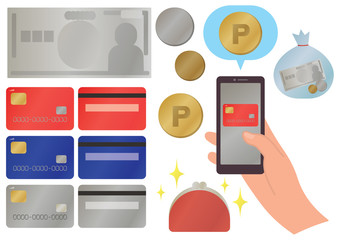 お金に関するイラストセット　現金・クレジットカード・ポイント