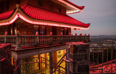 Detail of the entrance and second floor of the Reading Pagoda in the early morning