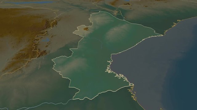 Sofala, province with its capital, zoomed and extruded on the relief map of Mozambique in the conformal Stereographic projection. Animation 3D