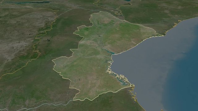 Sofala, province with its capital, zoomed and extruded on the satellite map of Mozambique in the conformal Stereographic projection. Animation 3D