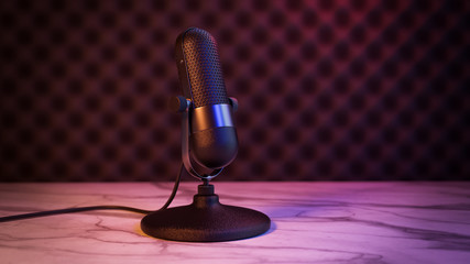 Isolated Vintage Retro Black Metal Microphone On A Marble Table Counter In Front of Acoustic Foam Background