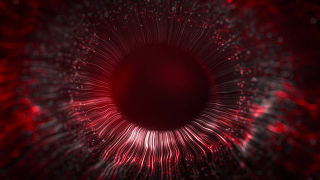 Red and grey colored lines after a flash scatter out of a bright white circle and forming volumetric human eye model. Human iris of the eye animation concept. 3d rendering abstract background in 4K.