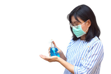 Female applying alcohol gel and wearing medical mask to prevent communicable disease isolated on white