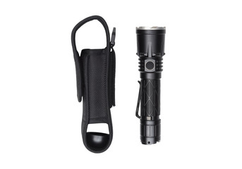 A flashlight with a holster isolated on white background