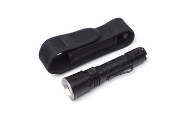 A flashlight with a holster isolated on white background