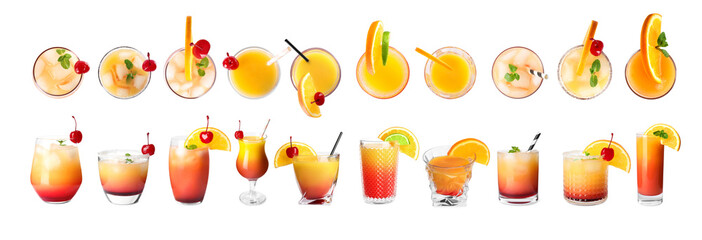 Set of Tequila Sunrise cocktails on white background. Banner design