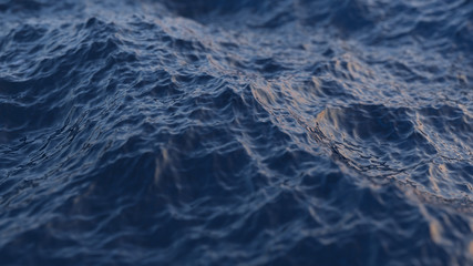 Sea or ocean, waves close-up view. Blue waves sea water. Blue crystal clear water. Sea wave low angle view. 3D render