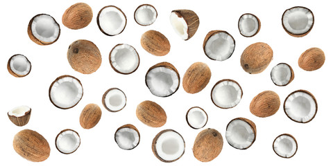 Set with ripe coconuts on white background. Banner design