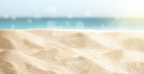 Fototapeta na wymiar Sandy beach on sunny day, closeup. Banner design
