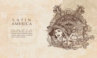Fototapeta premium Latin America. Mexico. Love story. Tattoo. Mexican latin woman in ancient clothes, skeleton with a guitar and sun stone. Aztec and Mayan concept. Renaissance background. Medieval manuscript