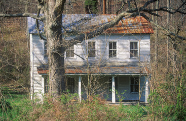 Deserted two-story clapboard home behind trees on Route 29, VA