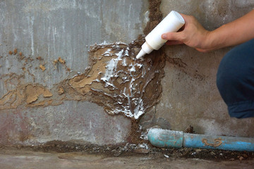 Man putting chemical powder to kill termites coming from the ground