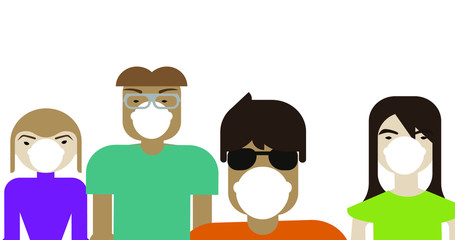 People wearing face masks. Men, women, teens use virus preventive measures. Infected persons among healthy. Coronavirus pandemic, covid19, epidemic disease. Colorful illustration in flat cartoon style