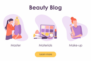 Beauty blog banner with female characters and cosmetics products. Landing page with makeup equipment and girl with cosmetic tool. Fashion woman master with pencil and client. Flat vector illustration