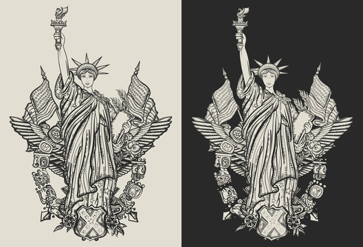 United States of America. Statue of liberty, crossed flags. Patriotic art. Template for clothes, covers, emblems, stickers, poster and t-shirt design