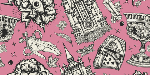 Middle age art. Traditional tattooing style. Medieval seamless pattern. Warrior crusader, holy grail, ancient castle, occult hands and all seeing eye, sword and arrows. Old school tattoo background