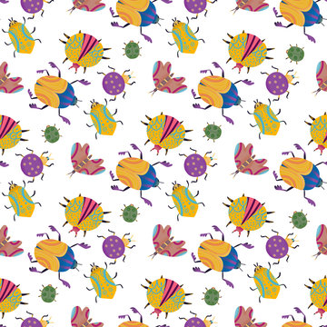 seamless pattern of colorful insects in flat style
